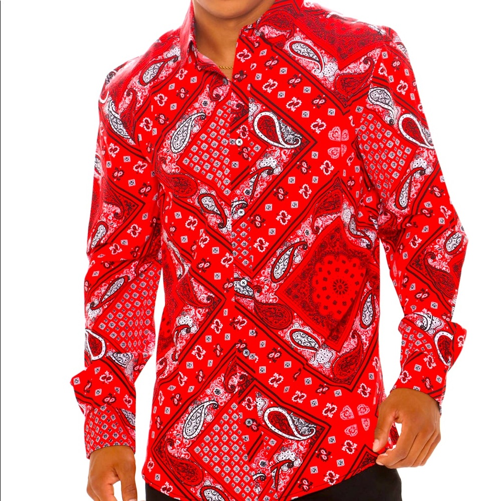 New!!! Mens Red Paisley long sleeve button frnt woven shirt; sz M(15.5 neck sz)